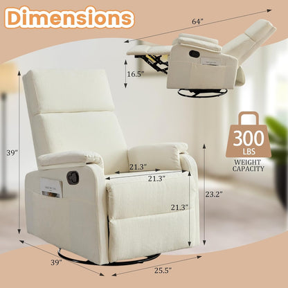 Korser Recliner Chair, Swivel Rocking Recliner Chair for Adults, Glider Rocking Chair, Small Nursery Chair Recliner for Living Room, Reclining Chair with Modern-Designed Armrests, Chenille, Beige