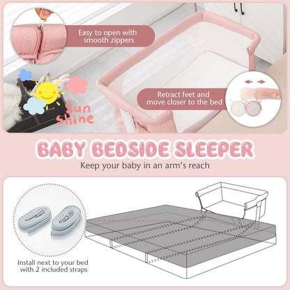 BABY JOY Bassinet Bedside Sleeper, 3 in 1 Folding Crib w/Adjustable Height, Mattress, Lockable Wheels, Storage Pocket & Carry Bag for Infant Newborn, Stationary & Rock, Portable Baby Bassinet (Grey)