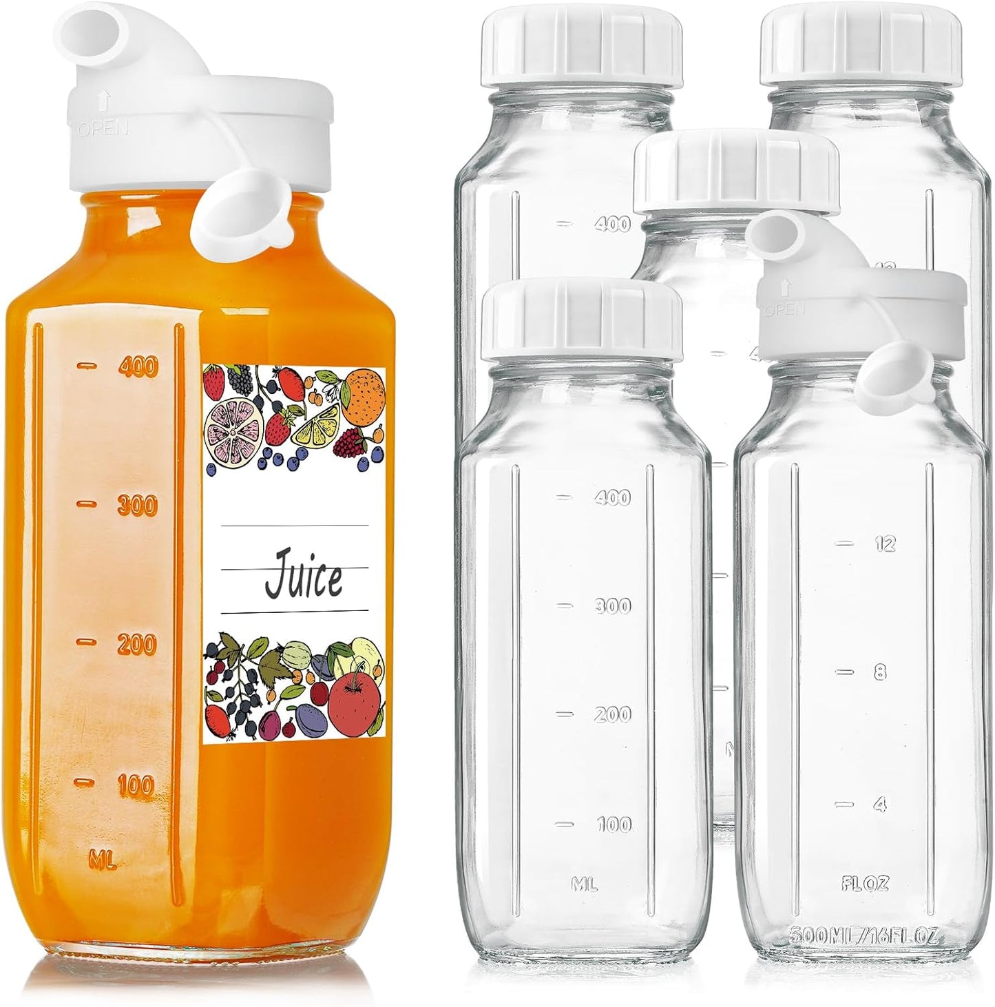Syntic Glass Juice Bottles with Lids, 3 Pack Clear Glass Water Bottles w 2 Pour Spouts, 16 Oz Reusable Milk Jug w 100% Airtight Cap and Scale for Juicing Containers, Breast Milk Storage, Drinking Jar