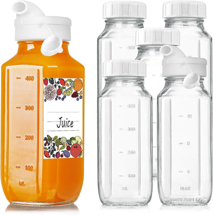 Syntic Glass Juice Bottles with Lids, 3 Pack Clear Glass Water Bottles w 2 Pour Spouts, 16 Oz Reusable Milk Jug w 100% Airtight Cap and Scale for Juicing Containers, Breast Milk Storage, Drinking Jar