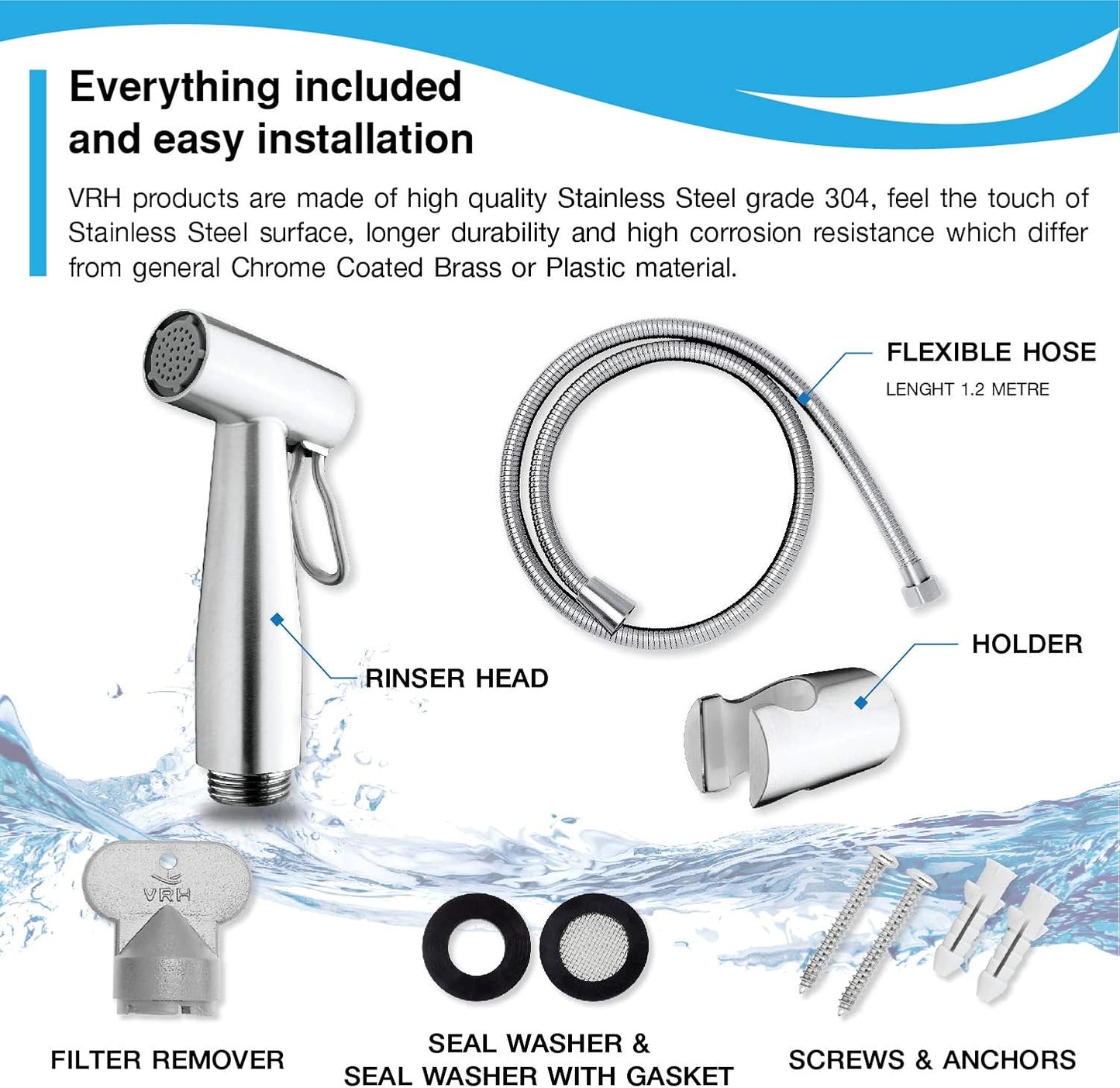 VRH Bidet Sprayer for Toilet and Baby Cloth Diaper Sprayer, Handheld Shattaf Bidet Spray for Toilet with Stainless Steel and Complete Accessories FXVH0-0040ES