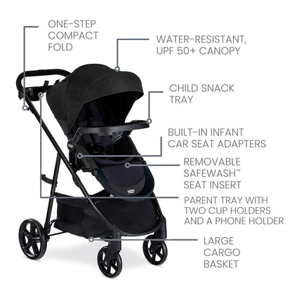 Britax Brook+ Modular Baby Stroller, Ultra-Lightweight Infant and Toddler Stroller with SafeWash Insert and 4 Ways to Stroll, Graphite Onyx