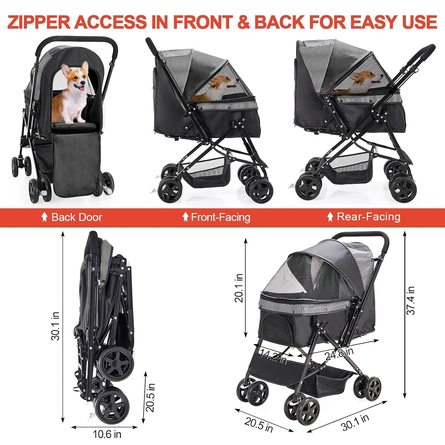 Lightweight Dog Stroller with Reversible Handle for Medium Small Dogs and Cats, Foldable Pet Stroller Travel Carriage with Large Storage Basket, 4 Wheels, Black