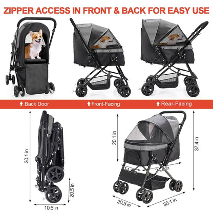Lightweight Dog Stroller with Reversible Handle for Medium Small Dogs and Cats, Foldable Pet Stroller Travel Carriage with Large Storage Basket, 4 Wheels, Black