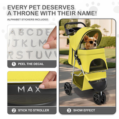 MoNiBloom Foldable Pet Stroller with Weather Cover, 3 Wheels Pet Strolling Cart for Small/Medium Dogs and Cats with Storage Basket and Cup Holder, Breathable and Visible Mesh for All-Season, Black