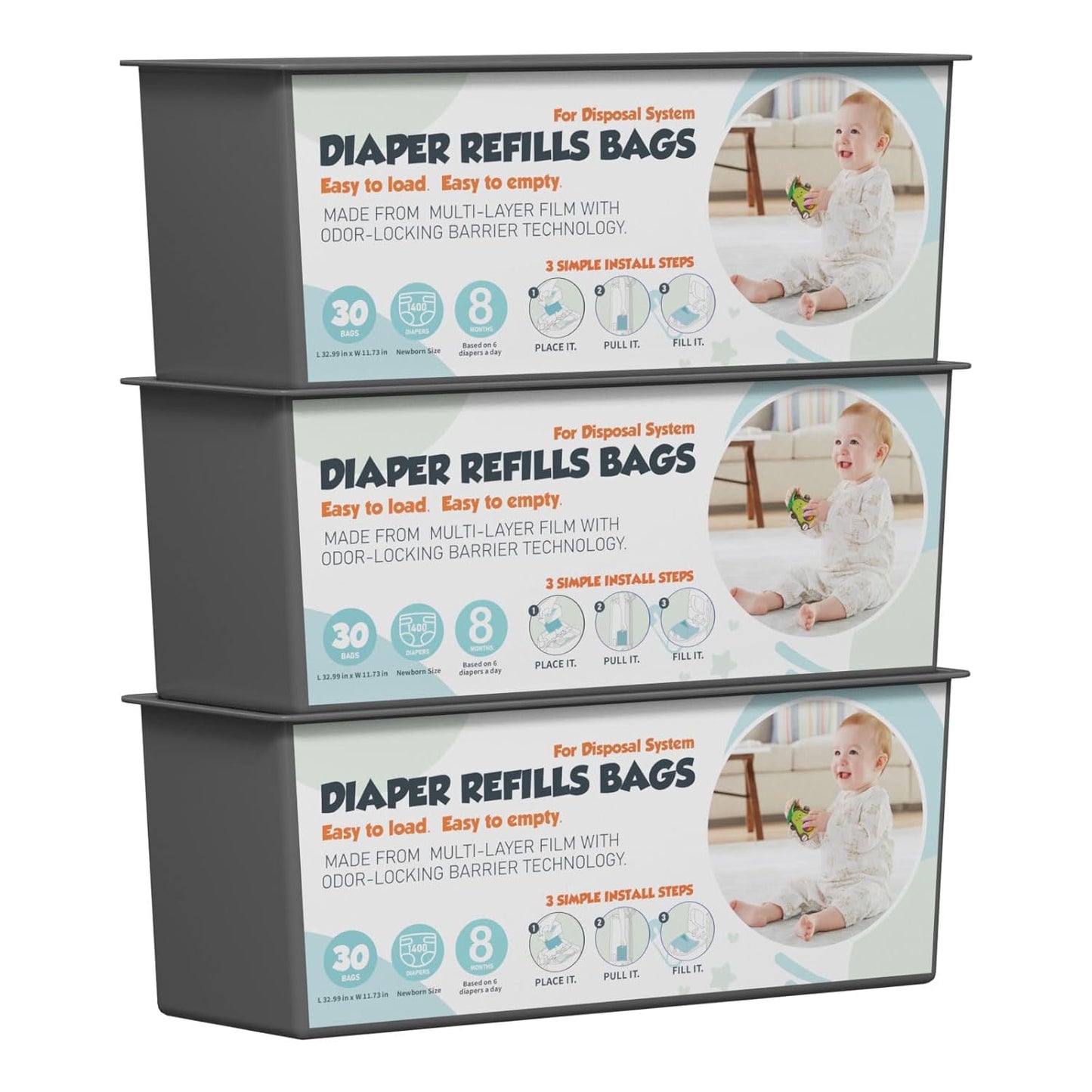 Diaper Pail Refills Bags with 30 Bags (Baby Powder Scent) Compatible with Genie Easy Roll Signature and Platinum Diaper Pails, 7-Layer Odor-Barrier Technology 3 Pack (90 Bag)