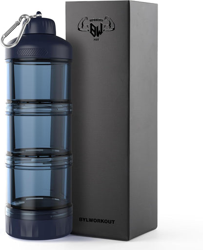 BYLWORKOUT 3-Layer Protein Powder Travel Container with Funnel and Keychain | Portable Food Storage Organizer for Gym, Fitness, Kitchen, Camping, Hiking, and Travel (Ink Blue)