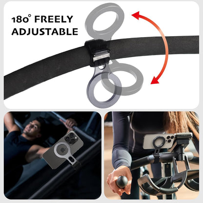 Magnetic Phone Holder for Stroller Bar, Compatible with MagSafe (Strong Magnet) - 180° Adjustable for Gym, Home Fitness Bikes, Shopping Cart, with Adjustable Strap, All Phone (Magnetic Ring Included)
