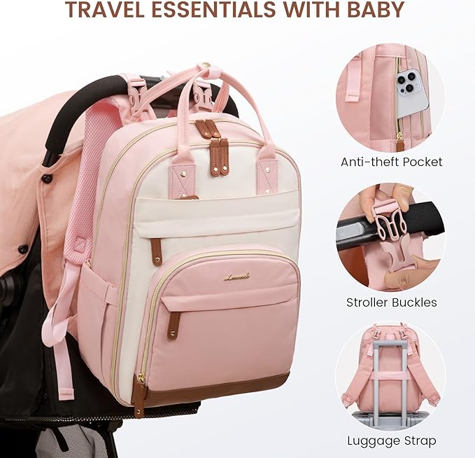 LOVEVOOK Diaper Bag Backpack, Baby Bag with Changing Pad, Large Diaper Backpack Boy Girl, Waterproof Baby Registry Bag for Mom Dad with Stroller Buckles, Pink-beige-brown