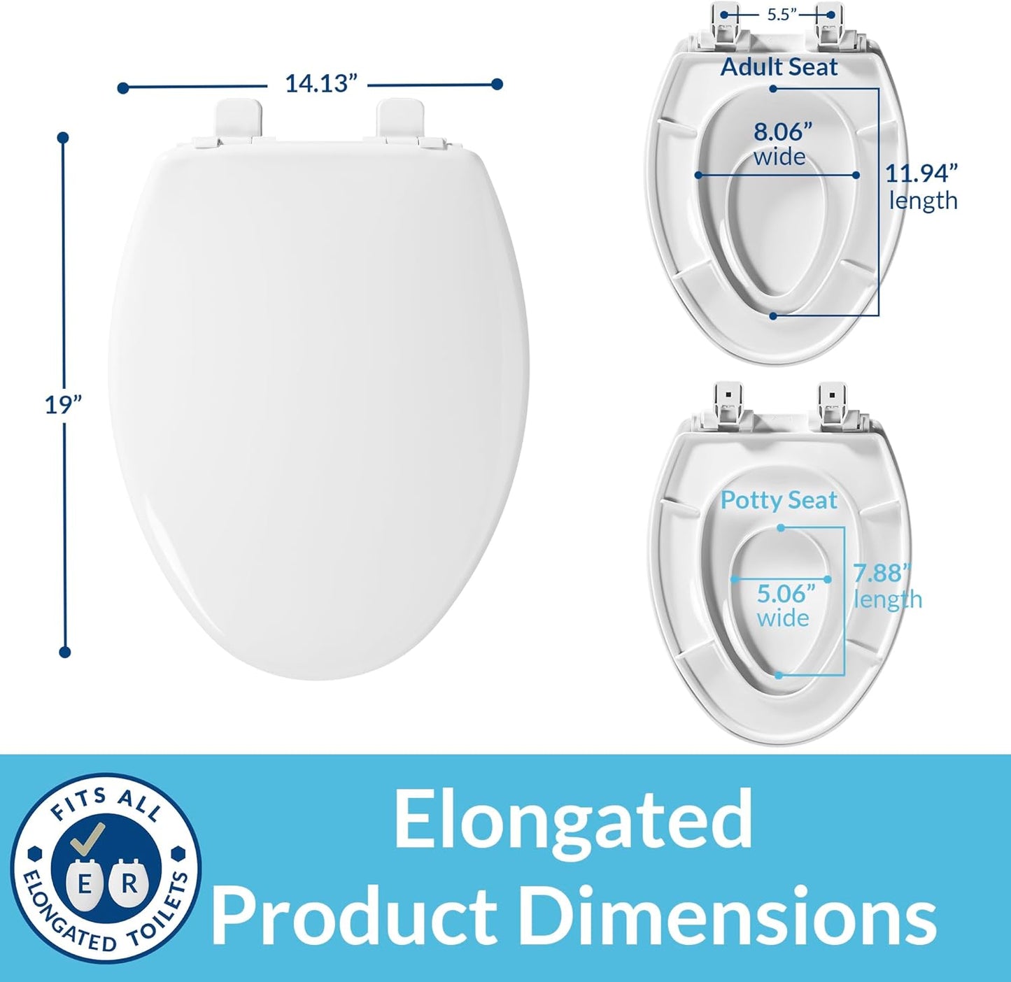 Little2Big Toilet Seat with Built-In Toddler Potty Training Seat, Slow Close, Easy to Install, Made in USA, ROUND, White