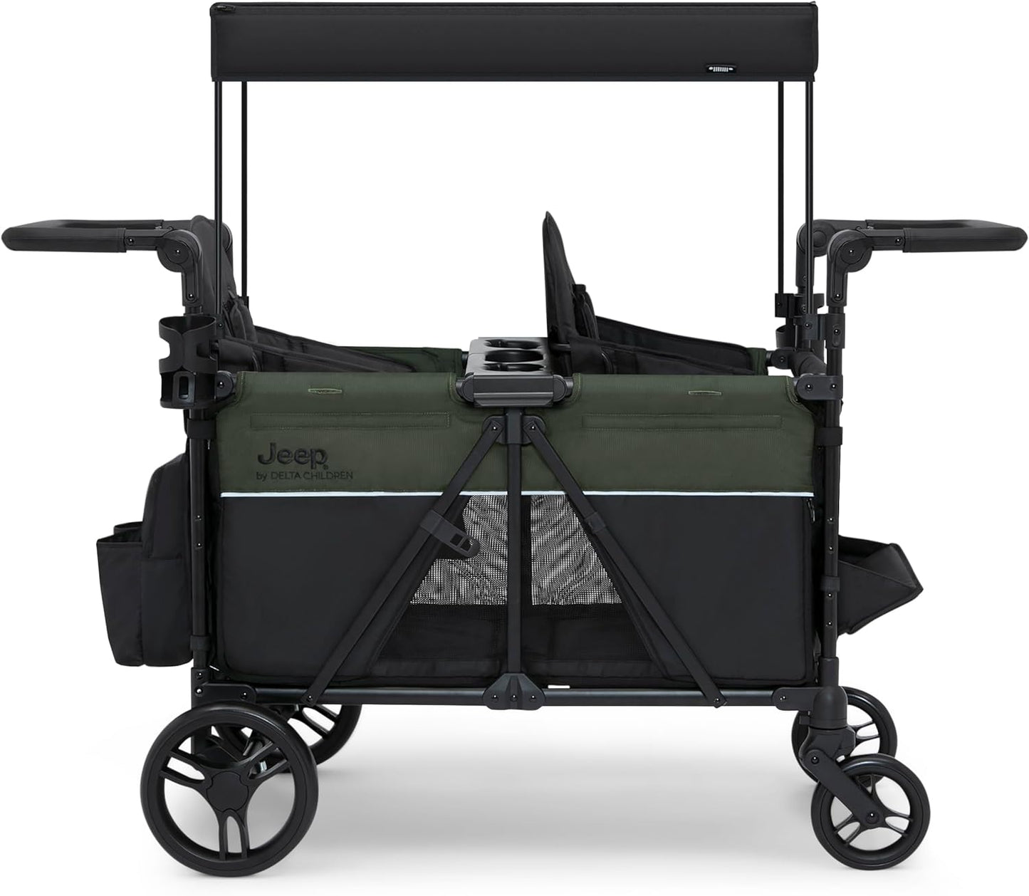 Jeep Aries Stroller Wagon by Delta Children Premium Wagon for 2 Kids with Convertible Seats, Adjustable Push/Pull Handles, Removable Canopy & Flat Fold - Greenguard Gold Certified, Black/Green
