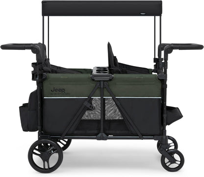 Jeep Aries Stroller Wagon by Delta Children Premium Wagon for 2 Kids with Convertible Seats, Adjustable Push/Pull Handles, Removable Canopy & Flat Fold - Greenguard Gold Certified, Black/Green