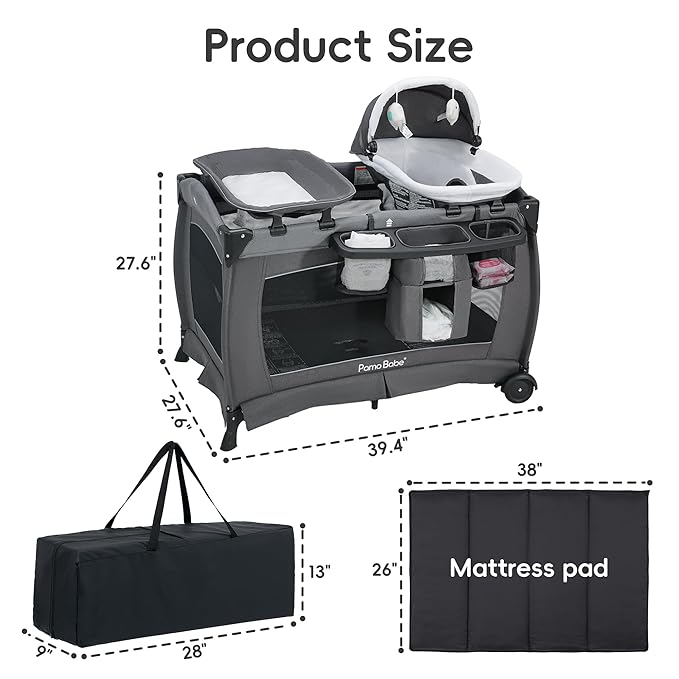 Pamo Babe Pack and Play with Bassinet Baby Playpen Foldable Playard with Changing Table Portable 4 in 1 Baby Playard
