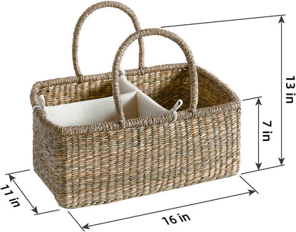Premium Wicker Baby Diaper Caddy Organizer, Woven Seagrass Basket with Handles, Diaper Basket with Dividers (Seagrass)