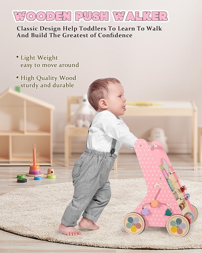Wooden Baby Walker with Wheels, Baby Push Walkers for Girls 12 Months, Push Toys 1 Year Old Girl Small Size