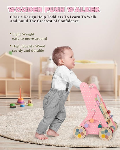Wooden Baby Walker with Wheels, Baby Push Walkers for Girls 12 Months, Push Toys 1 Year Old Girl Small Size