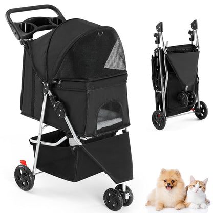 Sweetcrispy 3 Wheels Pet Stroller for Small Dogs and Cats – Foldable Dog Stroller with Mesh Windows, Storage Basket & Cup Holder, Lightweight & Durable Pet Carrier for Travel, Outdoor Use, Blue