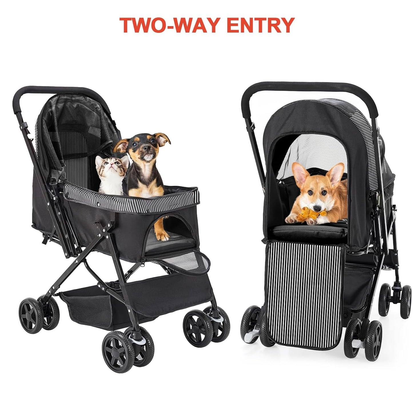 Lightweight Dog Stroller with Reversible Handle for Medium Small Dogs and Cats, Foldable Pet Stroller Travel Carriage with Large Storage Basket, 4 Wheels, Black