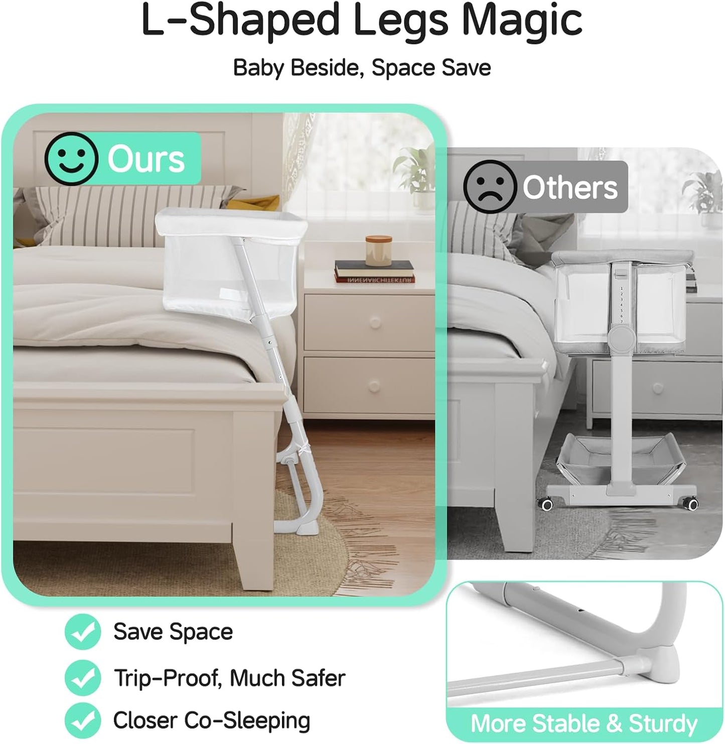 Cowiewie Bassinet Bedside Sleeper,Baby Bassinet Slides Over Bed,5-Position Height Adjustment & Breathable All-Mesh Wall Bedside Bassinet for Baby,Space-Saving Bedside Crib, Height(37.4-41.3"), White