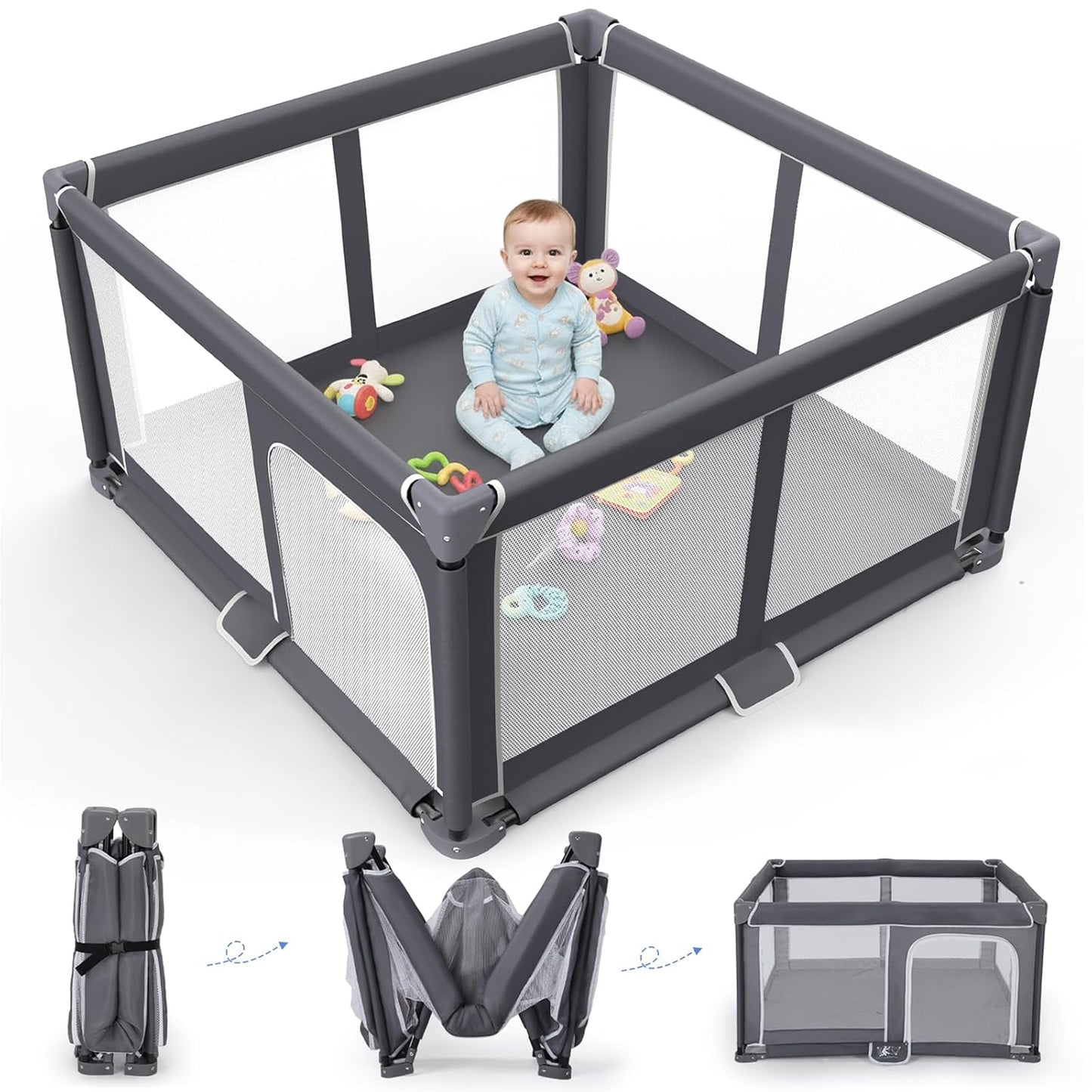 Grobeybees Playpen for Babies and Toddlers, Large Baby Playpen, Playard with Bag, Indoor & Outdoor Play Pen, Sturdy Safety Baby Play Yard with Soft Breathable Mesh (Grey)