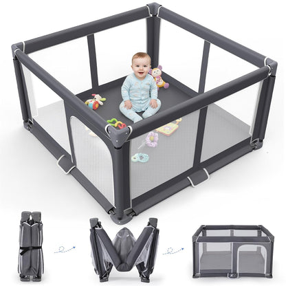 Grobeybees Playpen for Babies and Toddlers, Large Baby Playpen, Playard with Bag, Indoor & Outdoor Play Pen, Sturdy Safety Baby Play Yard with Soft Breathable Mesh (Grey)