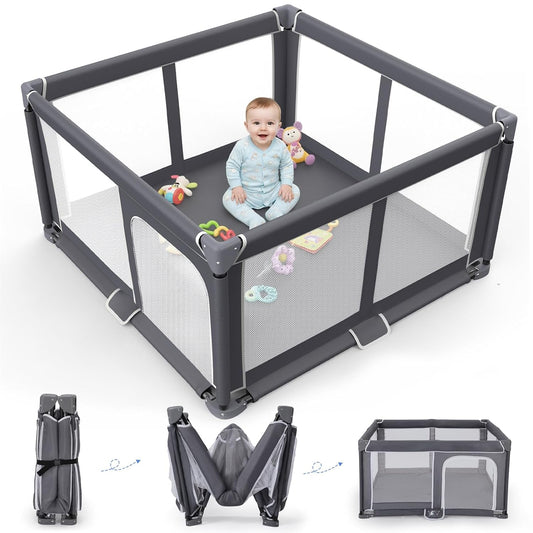 Grobeybees Playpen for Babies and Toddlers, Large Baby Playpen, Playard with Bag, Indoor & Outdoor Play Pen, Sturdy Safety Baby Play Yard with Soft Breathable Mesh (Grey)