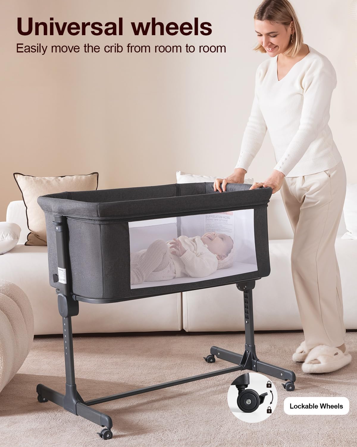 Larex Baby Bassinet, 3 in 1 Bassinets Bedside Sleeper Crib Sleeper for Newborn, Portable Crib Adjustable 7 Height Bedside Bassinet with Mattress and Movable Wheels，Breathable Mattress&Mesh(Dark Grey)