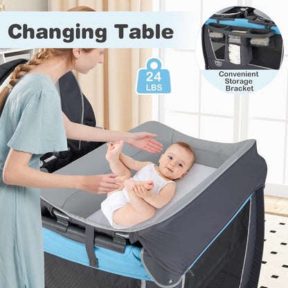 BABY JOY 5 in 1 Pack and Play, Portable Nursery Center Baby Playard w/Bassinet & Diaper Changing Table, Bag, Infant Bassinet Crib Activity Center for Baby Toddlers Indoor Outdoor (Royal Blue, Classic)