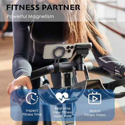 Magnetic Phone Holder for Stroller Bar, Compatible with MagSafe (Strong Magnet) - 180° Adjustable for Gym, Home Fitness Bikes, Shopping Cart, with Adjustable Strap, All Phone (Magnetic Ring Included)