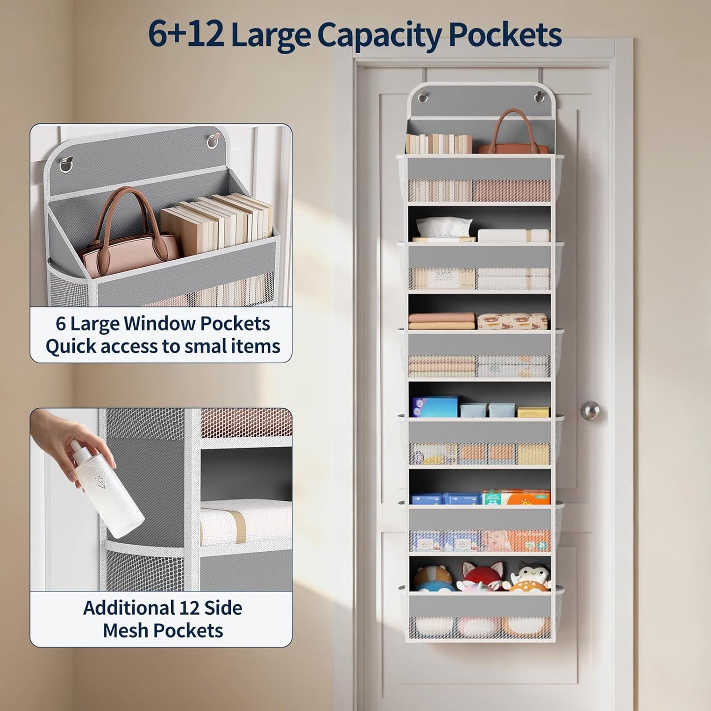 Yecaye 1 Pack Over the Door Organizer, 35.2lbs Load Toy Stuffed Animal Storage, Swing-proof Hanging Bathroom Organizers and Storage for Nursery Newborn Baby Essential Stuff Dorm Room Essentials
