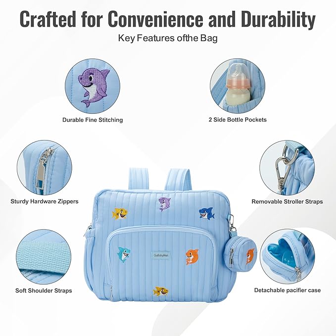 GOBABYMART Diaper Bag Backpack with Changing Pad - Travel Baby Bag, Insulated Bottle Pockets, Stroller Straps (Medium - Blue Sharks)