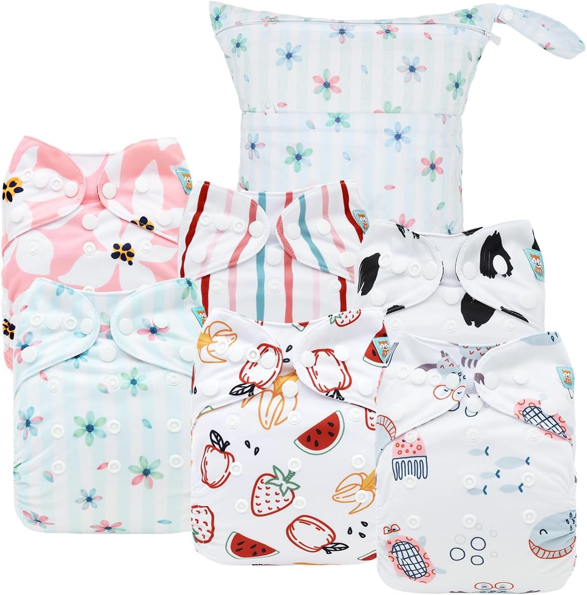 ALVABABY 6pcs Cloth Diaper Covers &1 Wet Dry Bag, Washable Reusable Cloth Nappy Shell for Prefold with Multi-Functional Bag, Flat or Fitted Diaper Inserts 6NKZ06