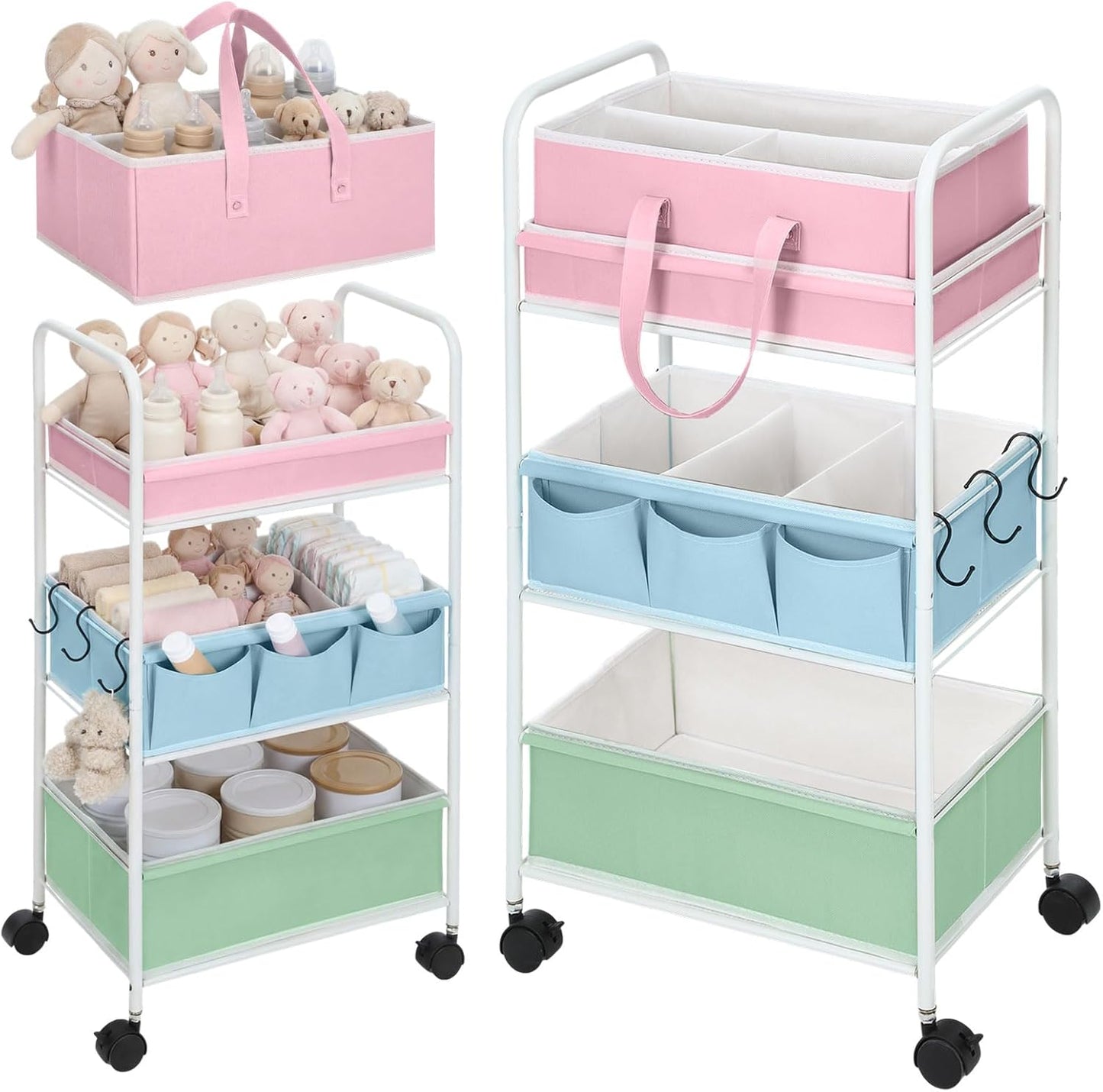 Honeydak 2in1 Baby Diaper Caddy Organizer Cart 3 Tier Large Capacity Metal Utility Bedside Rolling Cart with Divider Newborn Registry Nursery Essential Must Have Crib Bedroom Baby Shower(Green)