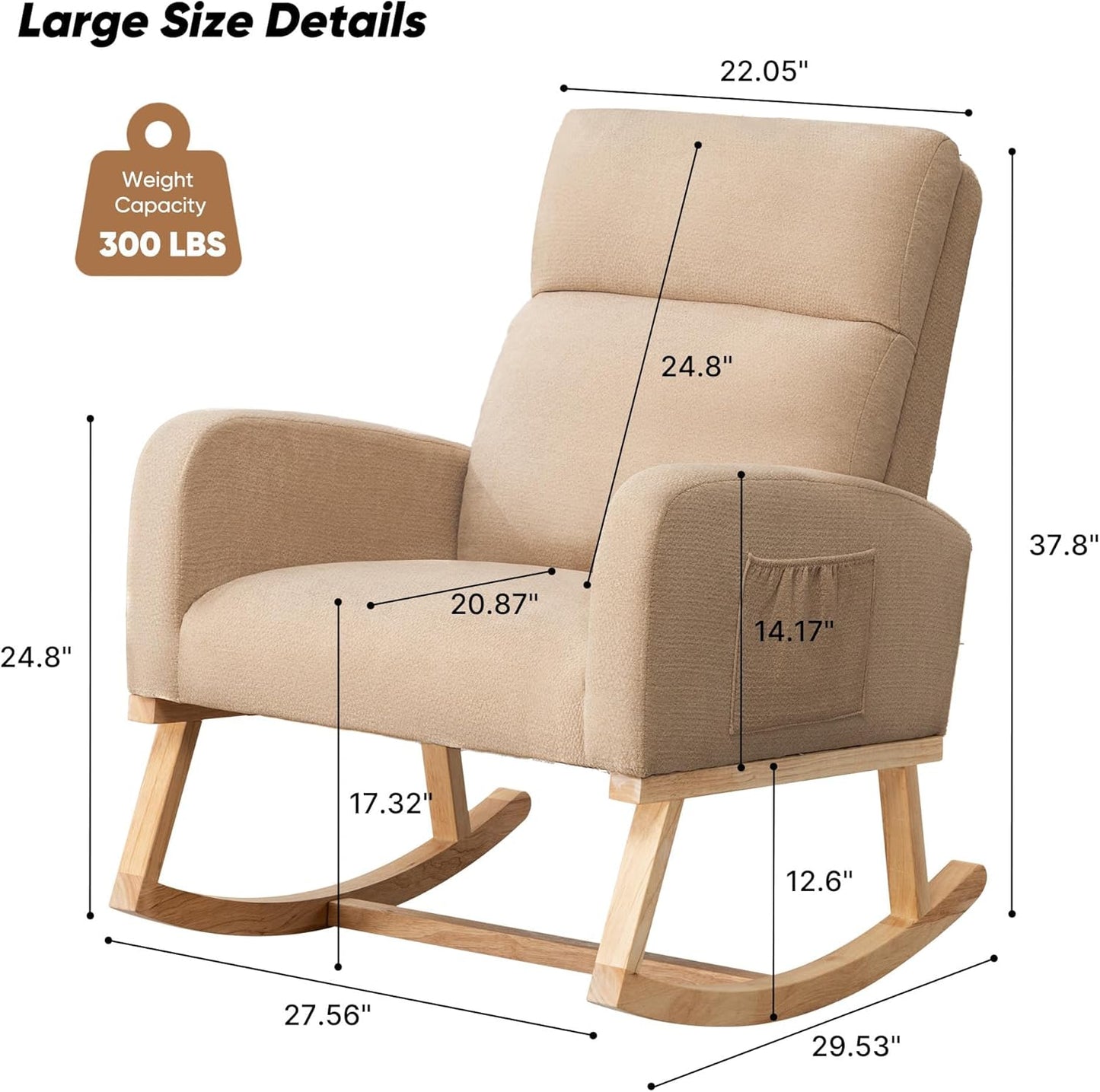 HCHAIRH Rocking Chair Nursery, Upholstered Fabricr Nursing Rocking Chairs with Soft High Back, Modern Nursery Glider Rocker for Mom Living Room, Bedroom, Camel