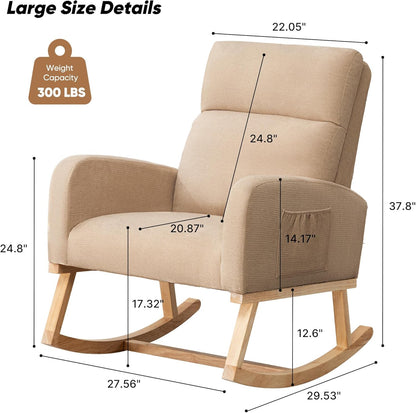 HCHAIRH Rocking Chair Nursery, Upholstered Fabricr Nursing Rocking Chairs with Soft High Back, Modern Nursery Glider Rocker for Mom Living Room, Bedroom, Camel