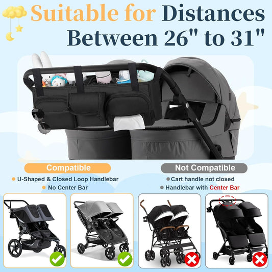 GDNasist Double Stroller Organizer Compatible with Bob Duallie and Baby Jogger City Mini GT2, Double Baby Stroller Accessories with Cooler Bag, Parent Console Double Jogging Stroller Caddy, Black