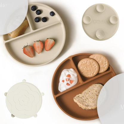 Moonkie Suction Plates for Baby | 100% Silicone BPA-Free Baby Plates with Lids and Food Cover | Divided Design | Microwave and Dishwasher Safe | Toddler Plates 3 Pack