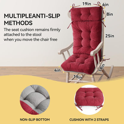 Millsilo Rocking Chair Cushions 3-Piece Set with Neck Pillow, Indoor Rocker Comfortable Tufted Non-Slip Pads with Ties, High-Density Foam Cushion for Adirondack Glider Chair, Orange, 52 x 19 x 4 Inch