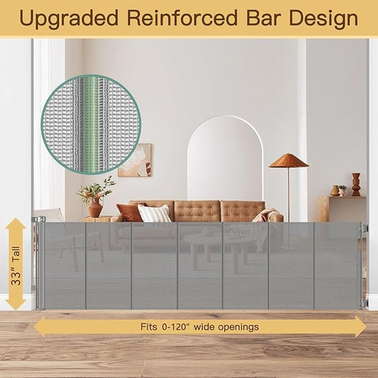 Reinforced 120 Inch Extra Wide Retractable Baby Gate with Support Rods, 33” Tall Retractable Pet Gate for Dogs, Indoor/Outdoor 10 Feet Mesh Child Gates for Wide Openings, Extra Wide Dog gate, Gray