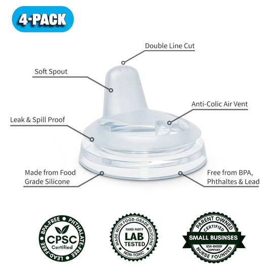 Sippy Spout Nipples for Philips Avent Natural Baby Bottles, My Grippy Spout Sippy Cup and Natural Trainer Sippy Cup, 4-Count, Soft Spout, Food Grade Silicone, BPA-Free, Convert to Sippy Cup, 4+ months