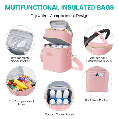 PIIOSER Breastmilk Cooler Bag with Ice Pack Fits 6 Baby Bottles Up to 9 Ounce, Insulated Baby Bottle Tote Bags, Double Layer Waterproof Leak-Proof with Shoulder Strap for Nursing & Working Mom (Grey)