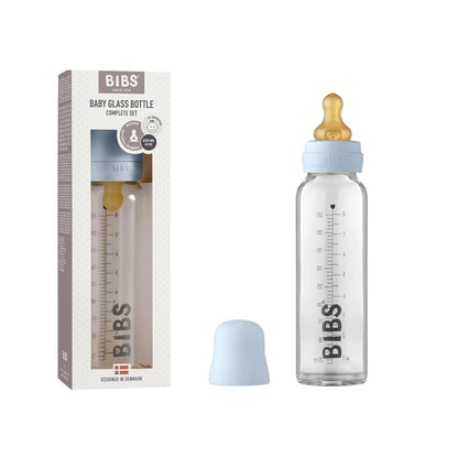 BIBS Baby Glass Bottle. Anti-Colic. Round Natural Rubber Latex Nipple. Supports Natural Breastfeeding, Complete Set - 110 ml, Cloud