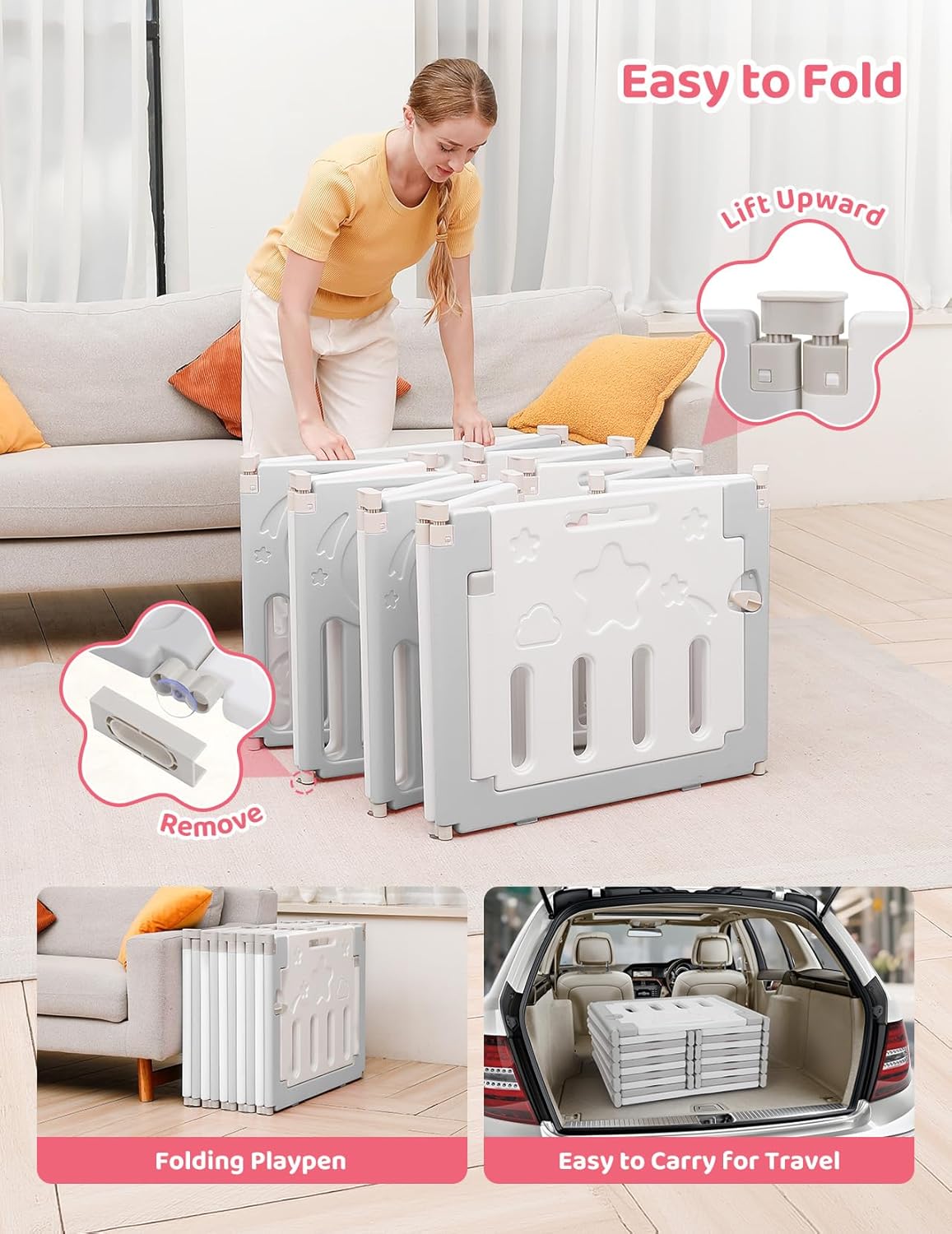 Baby Playpen, Dripex Baby Playard for Babies and Toddlers, 14-Panel Foldable Playpen Adjustable Portable Play Area, Indoor/Outdoor Kids Active Center with Game Panel & Safety Gate, Grey White