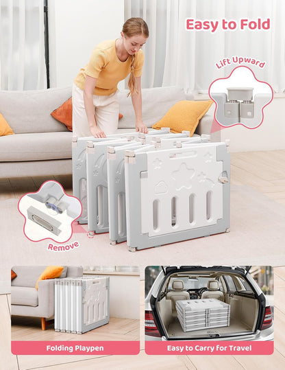 Baby Playpen, Dripex Baby Playard for Babies and Toddlers, 14-Panel Foldable Playpen Adjustable Portable Play Area, Indoor/Outdoor Kids Active Center with Game Panel & Safety Gate, Grey White