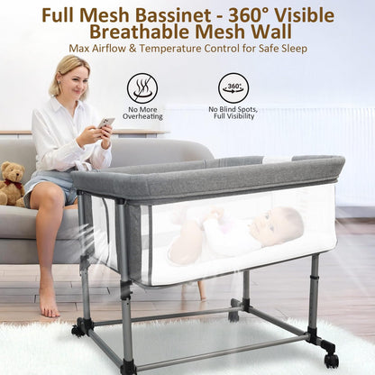 Twin Bassinet for 2 Babies, Double Bassinet for Twins, Baby Bassinet with Wheels, Full-Mesh Sides, 5-Height Adjustable, Portable and Stable Baby Crib for Newborns (Basic Grey)