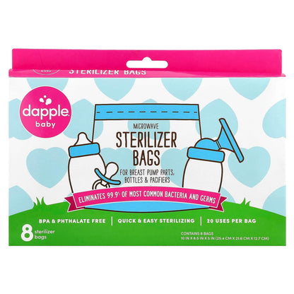 Dapple Baby Microwave Sterilizer Bags, Reusable, 20 Uses Per Bag, Great for Breast Pump Parts & Bottles, 8 Count (Pack of 2)