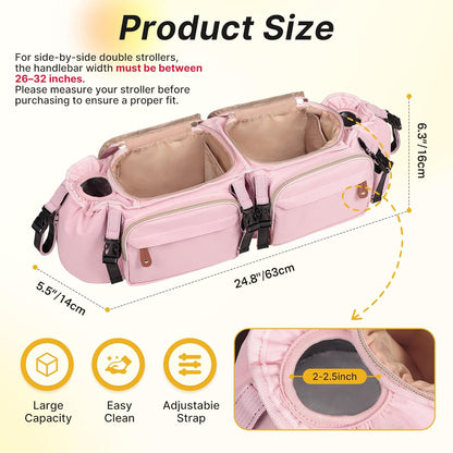 Boomistry Double Stroller Organizer for Bob Duallie and Baby Jogger City Mini GT2, Double Stroller Caddy Organizers with Cup Holder and 2 Cooler Pockets Parent Console Double Stroller Accessories