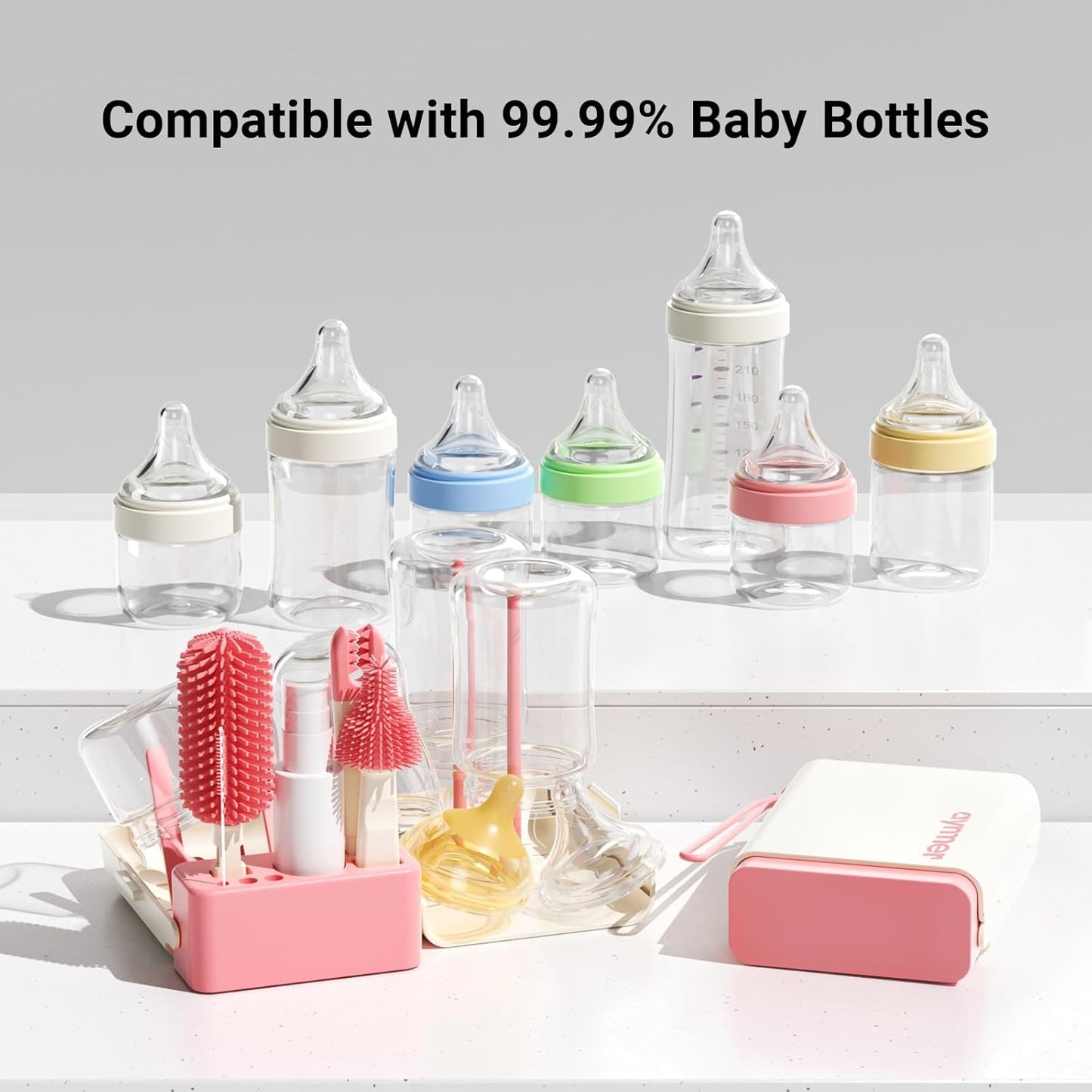 Aynmer Baby Bottle Brush, 10 in 1 Travel Baby Bottle Cleaner Brush Set with Silicone Brush, Nipple Brush, Straw Brush, Soap Dispenser, Portable Drying Rack, Breast Pump & Bottle Cleaning Kit - Pink