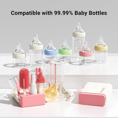 Aynmer Baby Bottle Brush, 10 in 1 Travel Baby Bottle Cleaner Brush Set with Silicone Brush, Nipple Brush, Straw Brush, Soap Dispenser, Portable Drying Rack, Breast Pump & Bottle Cleaning Kit - Pink
