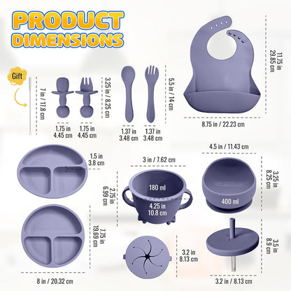 HippoBaby Baby Led Weaning Supplies | 10 Piece Silicone Baby Feeding Set | Baby Toddler Bib Cup Divided Plate and Bowl Self Feeding Spoons Dish Set | Baby Utensils | Toddler Feeding Supplies (Sky)